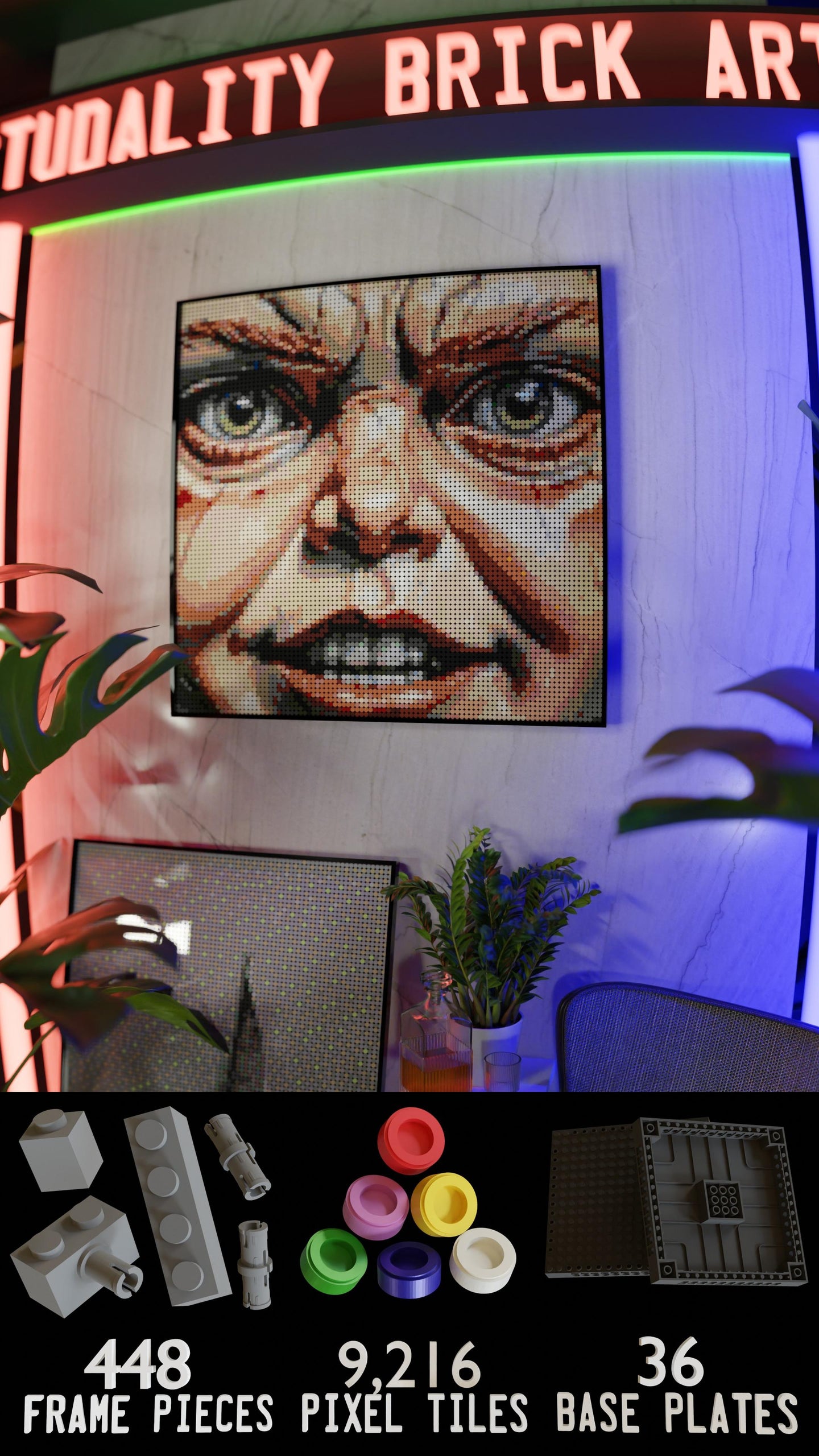 Malevolent Marionette LEGO® Style mosaic wall art made from colorful plastic bricks